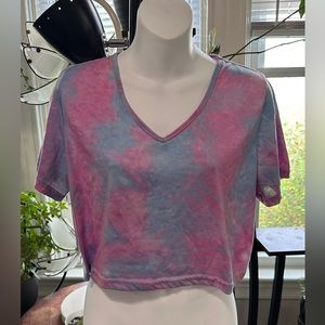 Blue & Pink Tie Dye Cropped V-Neck Tee